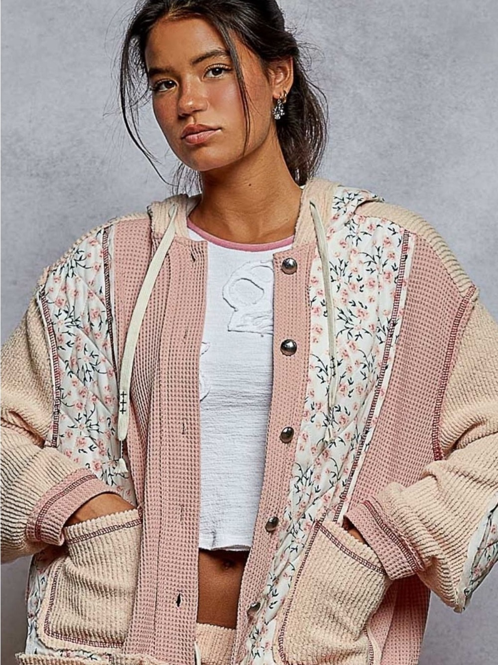 POL Pink & Cream Floral Patchwork Hooded Cardigan